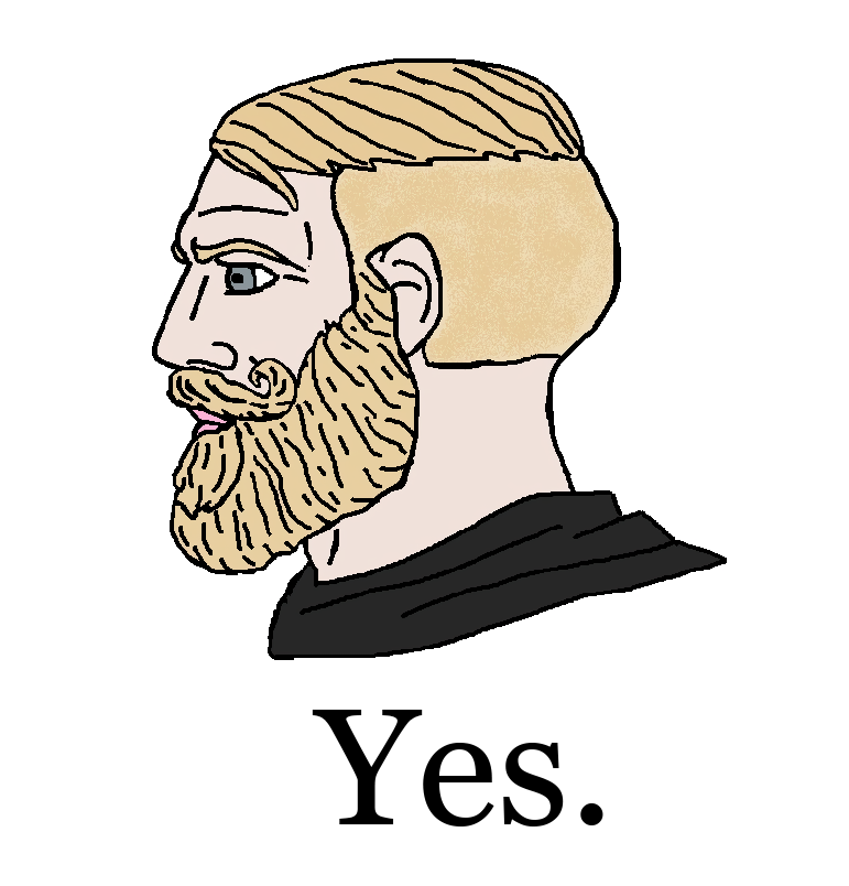 a drawing of a man with a blonde beard and hair with the caption 'yes'